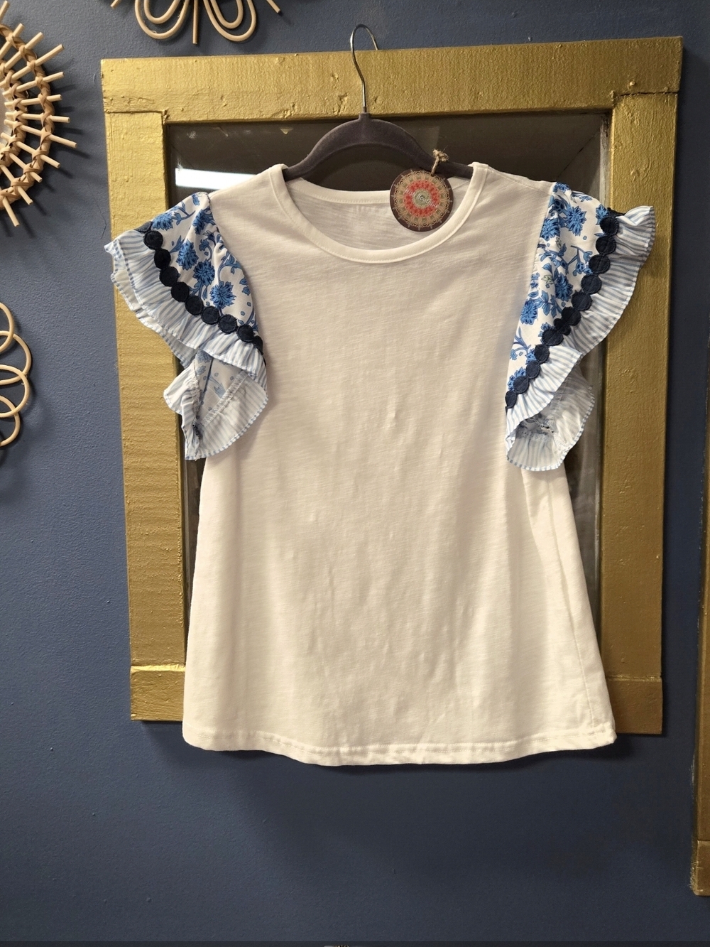White Tee with Blue Floral Ruffle Sleeves NWOT